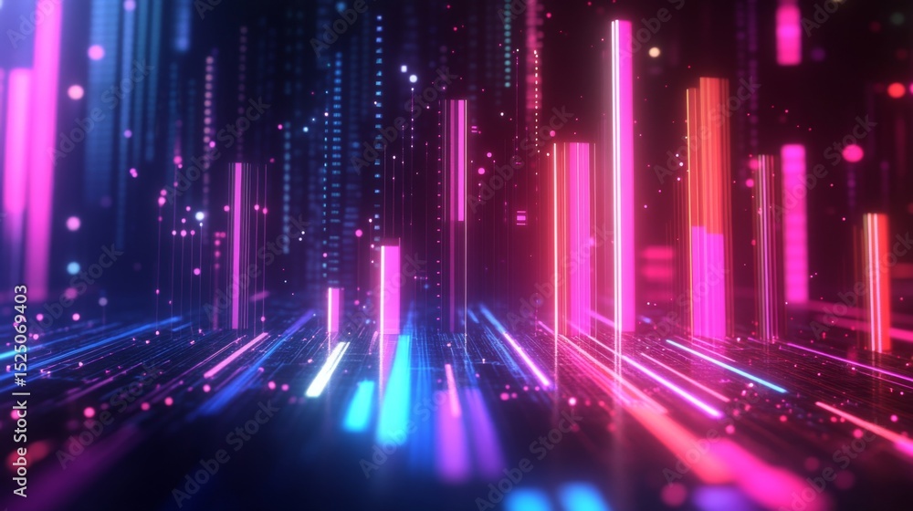 Poster Stylized bar graph with glowing bars in neon colors, set against a dark, tech-inspired background for a dynamic and impactful graphic