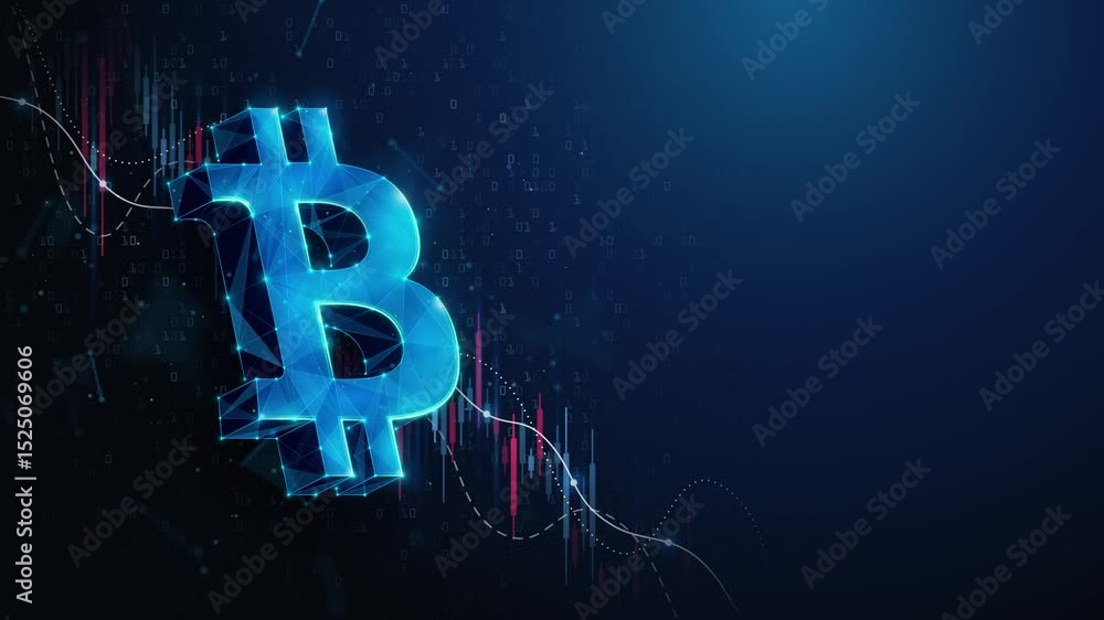 Aufkleber lowpoly bitcoin btc symbol over stock market crash chart abstract animation loop. cryptocurrency tec