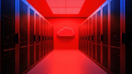 Risk of Dangerous Malware Attack Concept. Futuristic Data Center with Cloud Icon in Red and Blue Lighting for Technology Concepts