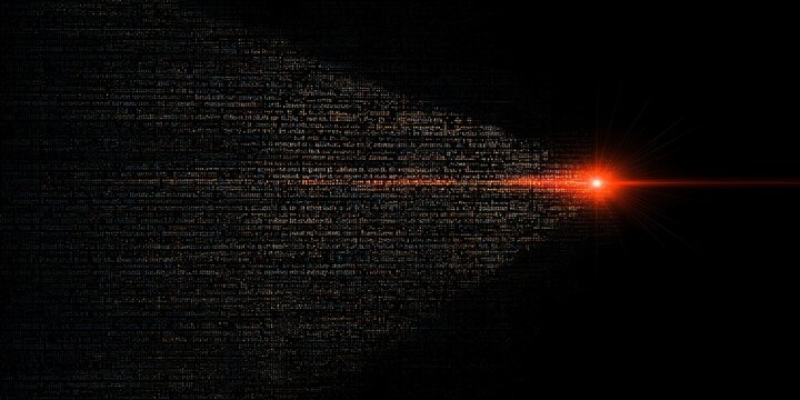 Risk of Dangerous Malware Attack Concept. Beam of Light Emerging from Digital Matrix of Text and Symbols in Dark Background