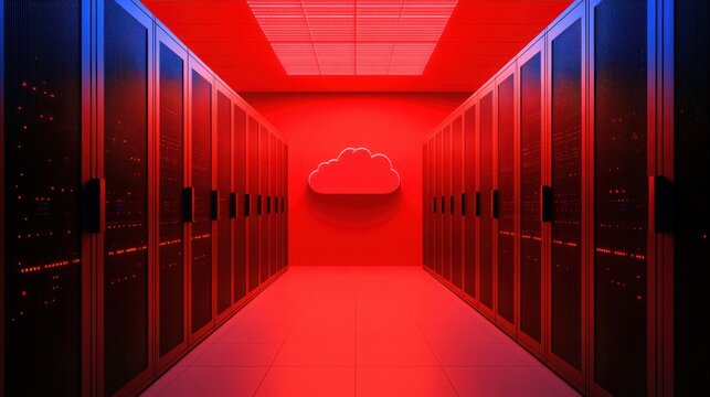 Risk of Dangerous Malware Attack Concept. Futuristic Data Center with Cloud Icon in Red and Blue Lighting for Technology Concepts