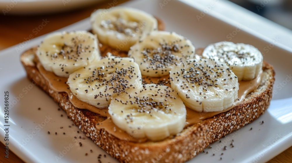 Poster toast topped with creamy peanut butter and banana slices, sprinkled with chia seeds, creating a nutr