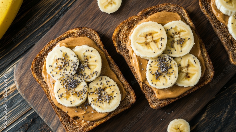 Poster Toast topped with creamy peanut butter and banana slices, sprinkled with chia seeds, creating a nutritious and delicious breakfast option