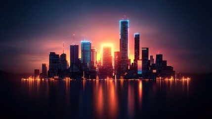 Fototapeta premium Risk of Dangerous Malware Attack Concept. Vibrant City Skyline at Dusk with Glowing Lights and Reflections on Water Surface