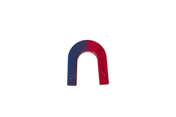 A horseshoe-shaped magnet painted half red, half blue, with poles marked N and S. Made of solid metal with transparent background, used in science classes to demonstrate magnetic fields and forces