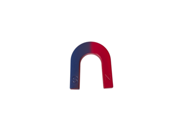 A horseshoe-shaped magnet painted half red, half blue, with poles marked N and S. Made of solid metal with transparent background, used in science classes to demonstrate magnetic fields and forces