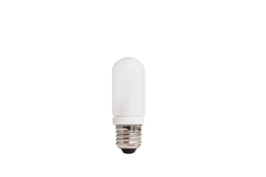 A compact LED light bulb with frosted cylindrical cover, a metallic screw base with transparent background. Ideal for home lighting, energy-efficient fixtures, as a replacement for traditional bulbs