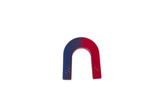 A horseshoe-shaped magnet painted half red, half blue, with poles marked N and S. Made of solid metal with transparent background, used in science classes to demonstrate magnetic fields and forces