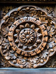 Obraz premium Detailed handcrafted wooden carving featuring floral motifs and intricate designs