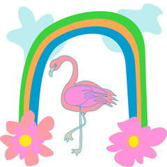 Pink Flamingo Under Rainbow with Flowers. Kawaii Summer Illustration. perfect for nursery wall art, kids’ prints, or whimsical summer designs. Bright, playful, and full of charm