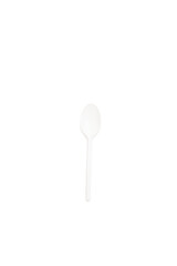 A plain white plastic spoon, ideal for single-use at parties, picnics, or take-out meals with transparent background creating a minimalist and clean aesthetic.