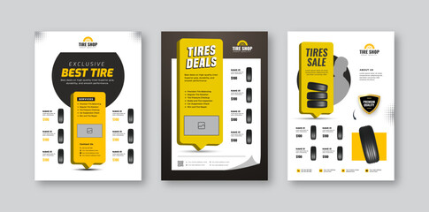 Tire shop flyer template | Tire parts product sale promotion flyer bundle | Auto repair poster, leaflet and discount flyer