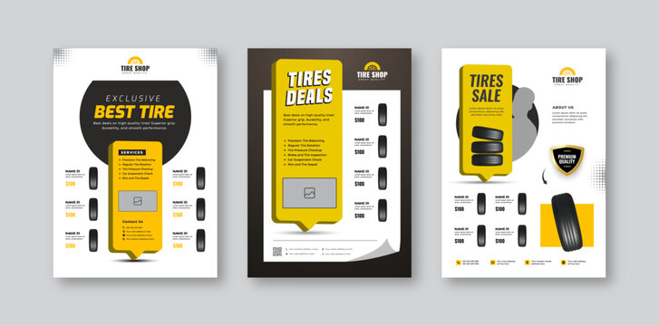 Tire shop flyer template | Tire parts product sale promotion flyer bundle | Auto repair poster, leaflet and discount flyer