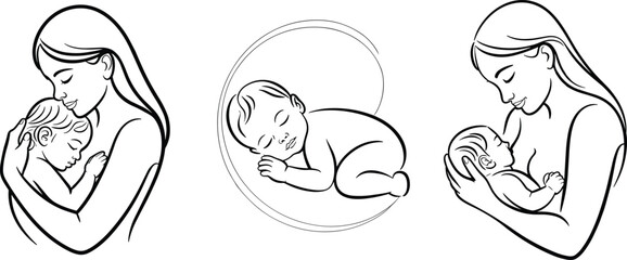 Mother and baby line vector illustration, mom holding child, sleeping newborn, parenting love, breastfeeding, black outline drawing for design