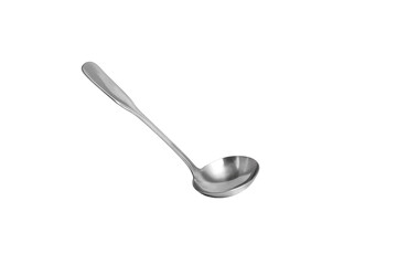 A stainless steel ladle with a deep, rounded bowl, a long handle, with transparent background. Perfect for serving soups, stews, sauces in kitchens or restaurants.