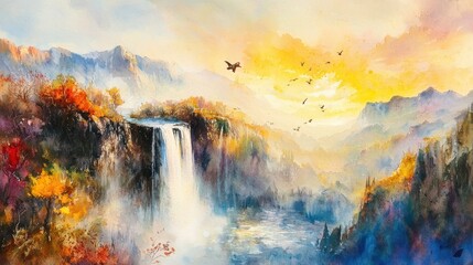 A vibrant watercolor landscape showing a waterfall, autumn trees, mountains, and birds flying at sunrise.
