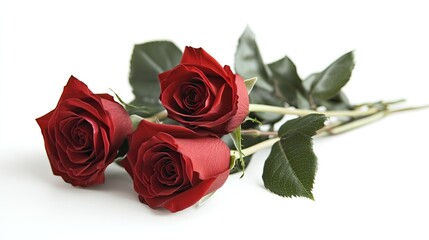Fototapeta premium Beautiful Red Roses on White Background with Green Leaves Arrangement