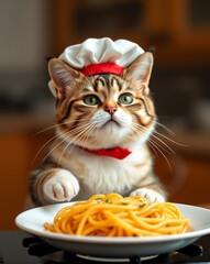 Funny cat dressed as a chef cooking spaghetti, adorable culinary themed animal portrait.