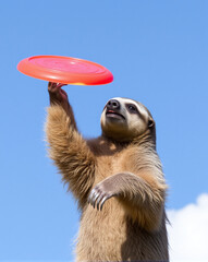 Funny sloth standing upright while tossing a red frisbee against a clear blue sky.