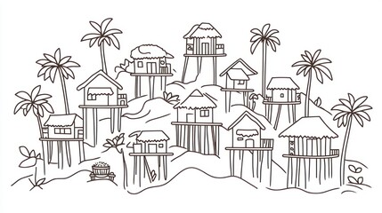 A simple line drawing of a tropical village on stilts.  Palm trees line the hillside.  Small, thatched-roof houses are elevated
