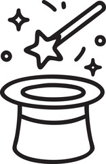 Magic Hat and Wand Icon with Sparkling Stars Representing Illusion and Entertainment simple line drawing