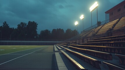 Empty Stadium Bleachers Under Twilight Sky with Bright Floodlights