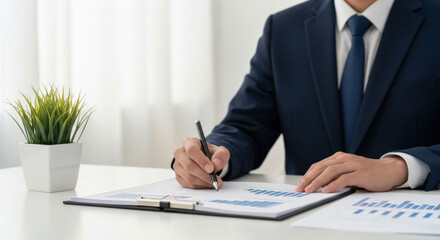 Businessman project plan strategy business growth. Analyze economic trend next year. Sustainable development. Office desk suit charts graphs. Corporate professional working. Financial report data.