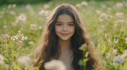 Naklejka premium Girl in a Meadow: A portrait of a young girl surrounded by a vibrant array of wildflowers in a sun-drenched meadow, exuding a sense of natural beauty and the tranquility of nature.