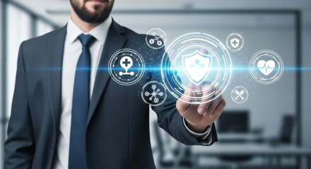 Businessman hand points. Virtual medical health care icons. Medical shield. Network connection. People health care awareness. Rising growth of modern medicine. Digital technology.