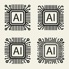Flat black and white vector illustration of a processor chip with "AI" label and circuit lines. Great for technology, machine learning, and artificial intelligence themes.