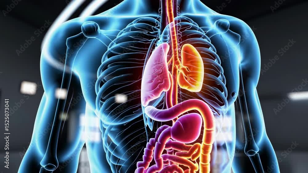Poster detailed exploration of human anatomy showcasing internal organs and systems in a futuristic setting