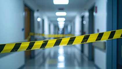 Hospital corridor closed off with yellow and black caution tape, emergency or quarantine zone concept