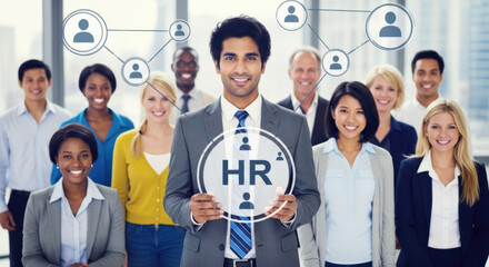 Businessman leading diverse team, holding HR sign. Human resources, recruitment, management, leadership, and social network concept. Corporate staffing and organizational structure.