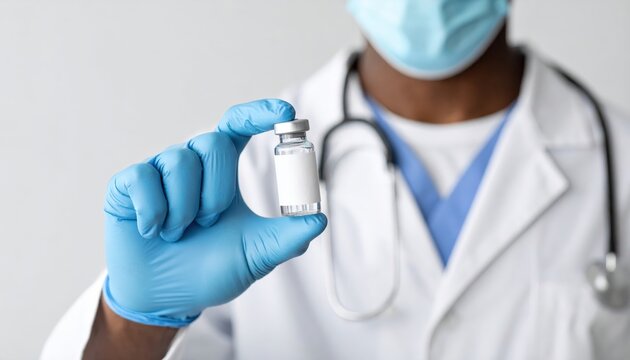 Doctor wearing face mask and gloves holding vaccine vial, healthcare and immunization concept