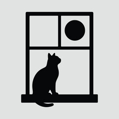 Silhouette Cat looking at the Moon through Window Illustration Vector