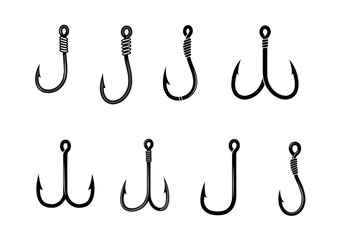 Collection of Fishing Hooks Single, Double, and Treble Hooks Illustrations