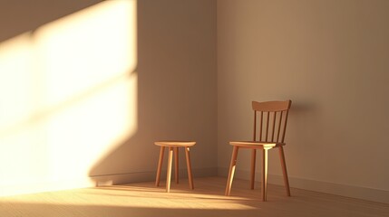Fototapeta premium Sunlight Illuminates Wooden Chairs in Minimalist Interior Setting