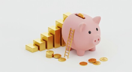Achieving Financial Growth Piggy Bank, Gold Bars, and Ladder to Success