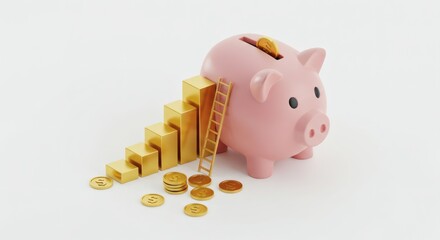 Financial Growth Piggy Bank, Ladder, and Gold Bars Representing Savings and Investment Success