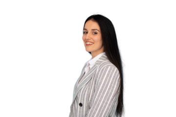 Professional businesswoman smiling, wearing tailored gray suit and crisp white shirt against neutral background
