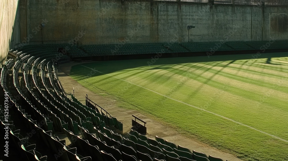 Poster empty stadium seats with grass field and shadows in soft light