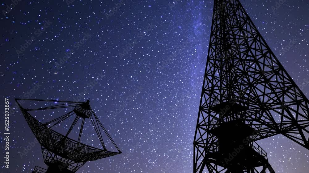 Poster Exploring the night sky with radio telescopes in a serene location under sparkling stars