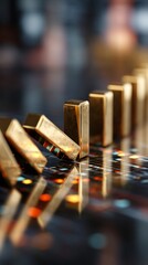 Financial domino effect, stack of golden bars tipping over into digital stock graphs.