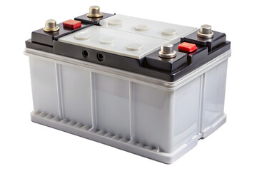 A high-quality image of a modern car battery with clearly visible terminals and safety features isolated on white background PNG AI