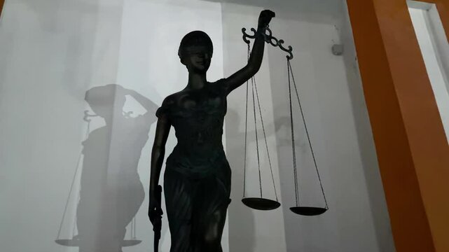 Powerful lady figure symbolizing justice, hold scales in each hand. Fairness moral balance. Blindfolded goddess weighs good bad deeds. After life concept. People verdict Everyone get what they deserve