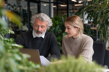 Older man and younger woman collaborate on laptop, seated at table amidst indoor plants.  Image depicts teamwork and modern office environment