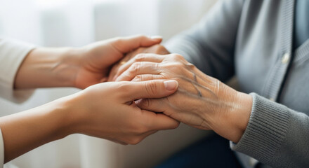 Elderly care helping hands. Close up young caregiver holding senior woman's hands. Mother daughter support. Mental health, geriatric nursing concept. Compassion, family love, home care.