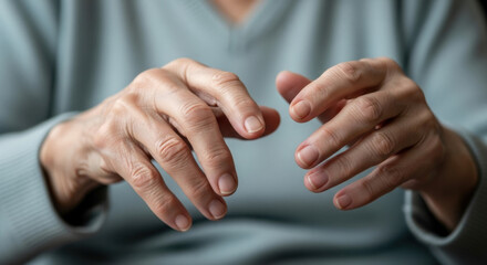 Close up of senior woman's hands. Parkinson's disease patient with trembling symptom, neurological disorder. Concept for mental health, elderly care, aging, geriatric support, healthcare.