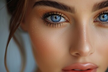 Fototapeta premium Close-up of a woman showcasing captivating blue eyes and radiant skin during a beauty shoot in natural light