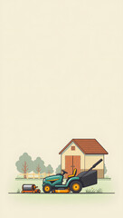 Naklejka premium Lawnmower near tool shed with trees and grass in outdoor setting 